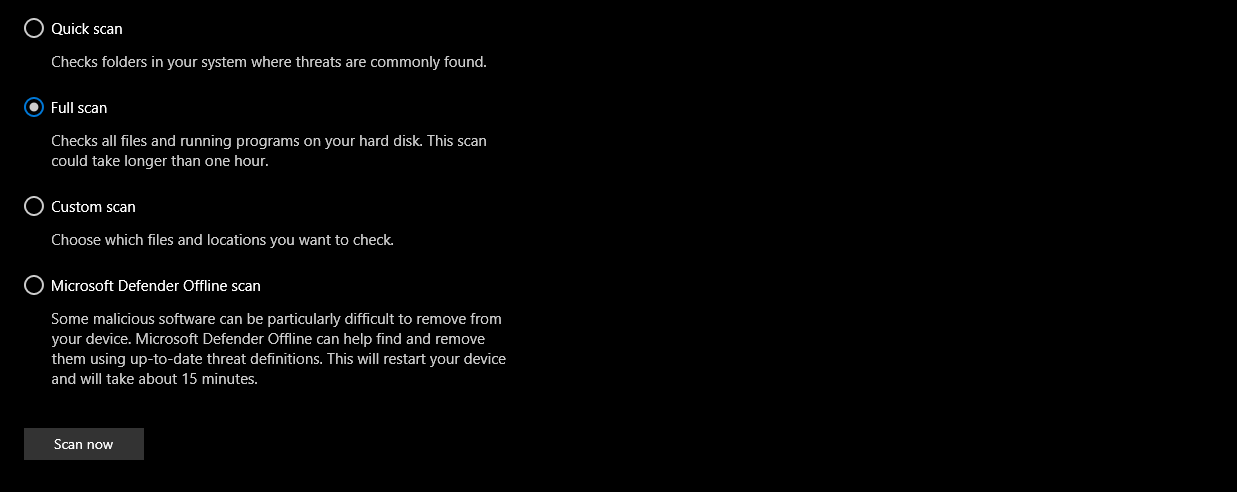 Windows defender scan options
