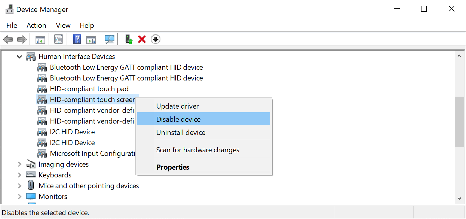 windows disable touch device