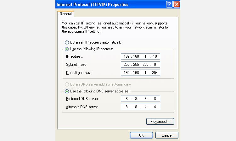 تنظیمات پروتکل اینترنت ویندوز xp