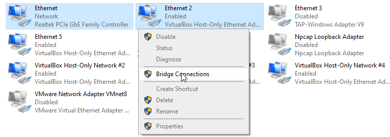 windows xp mode bridge connections