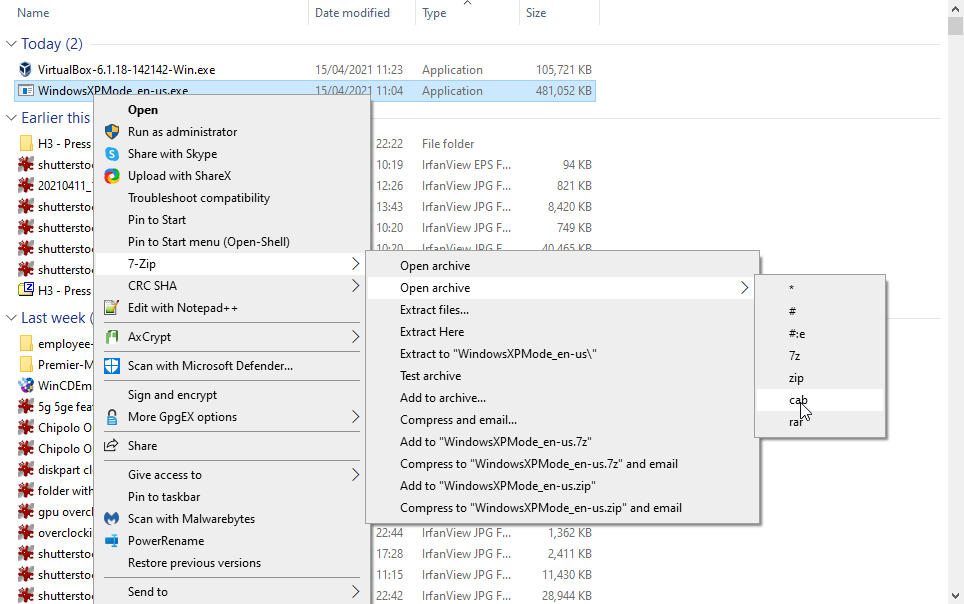 windows xp mode extract files