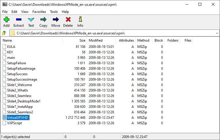windows xp mode full file list