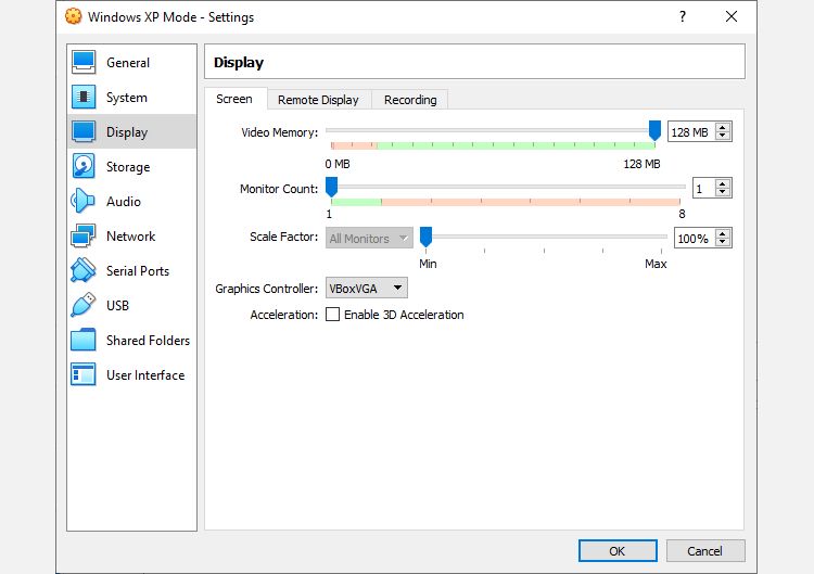 windows xp mode virtual machine display settings