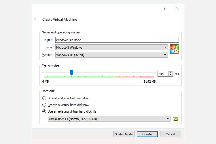 windows xp mode virtual machine settings