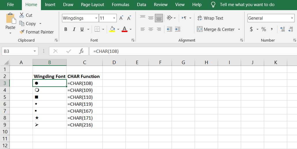 wingding char list - 7 modi per creare un elenco puntato in Microsoft Excel