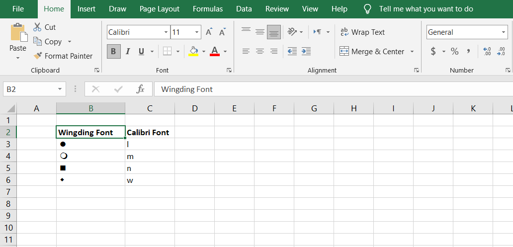 7 Möglichkeiten zum Erstellen einer Liste mit Aufzählungszeichen in Microsoft Excel - wingding guide