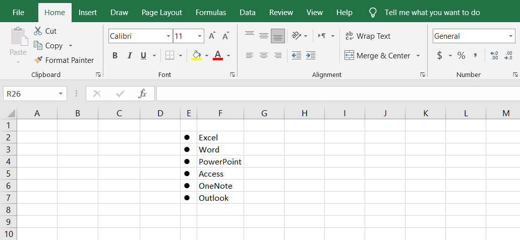 A list created using the Wingding font in Excel.