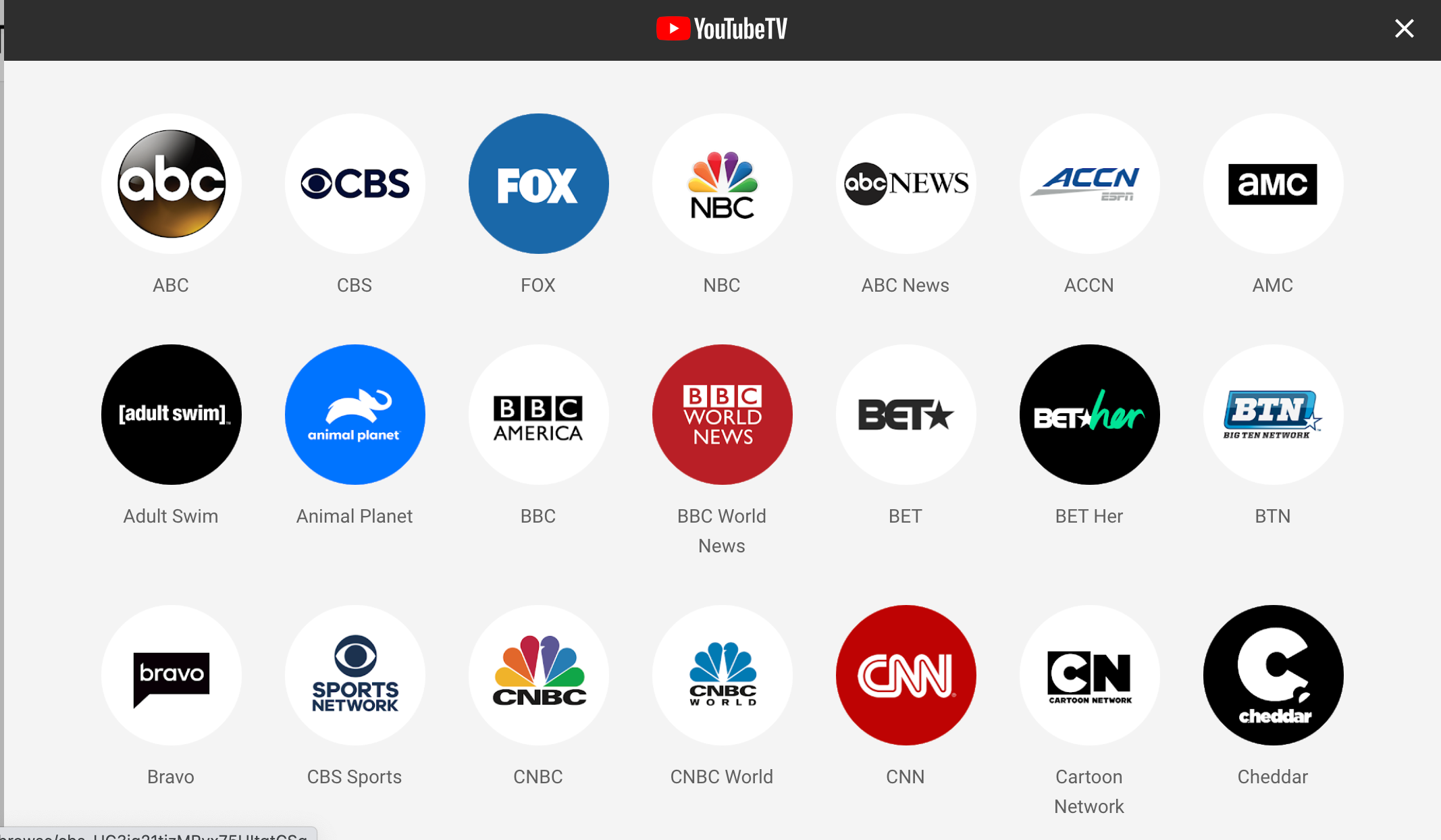 A selection of YouTube TV channels