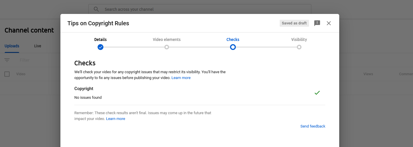 So überprüfen Sie Ihre YouTube-Uploads auf Urheberrechtsansprüche - youtube copyright checks window