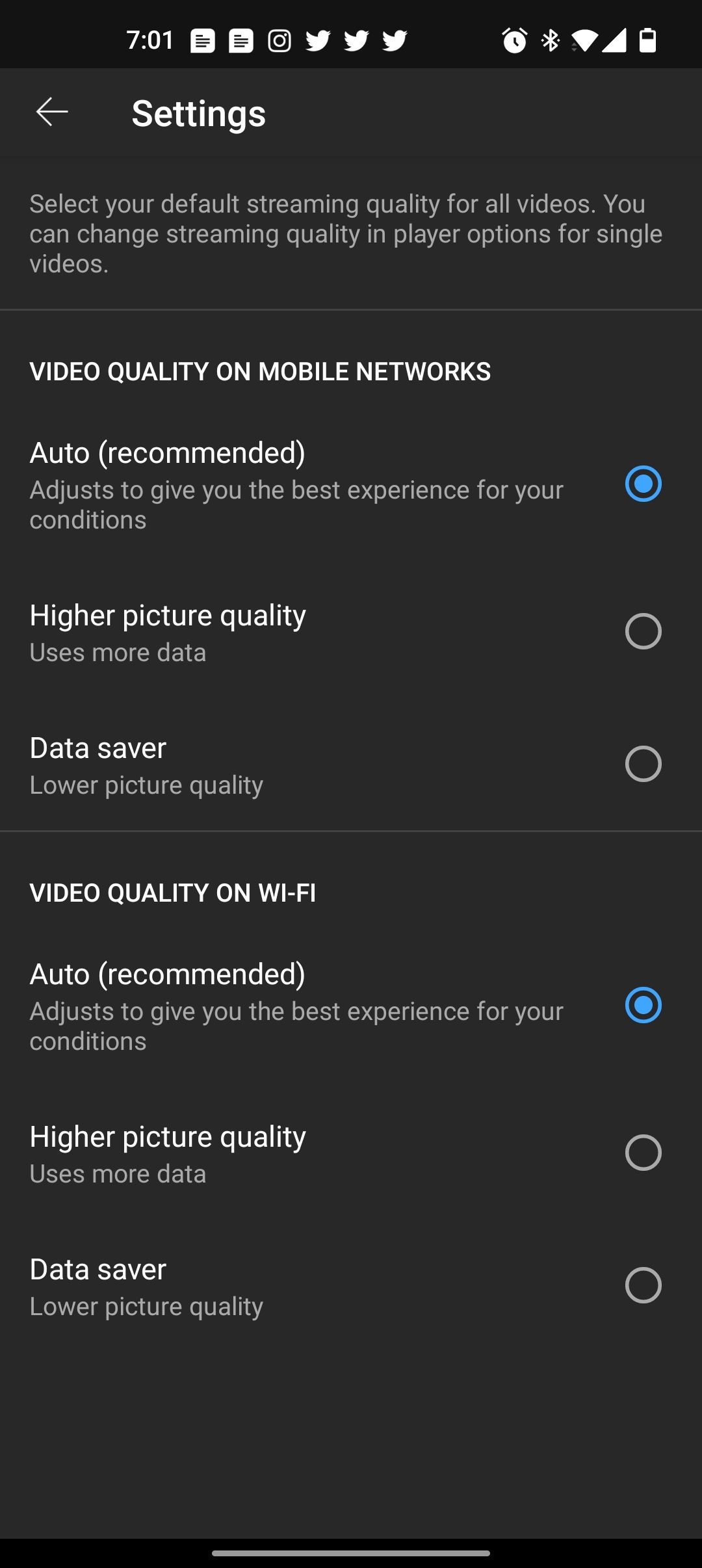YouTube for mobile video quality settings