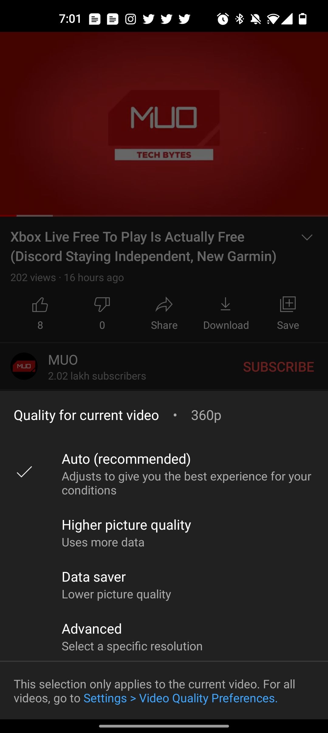 YouTube for mobile video quality settings