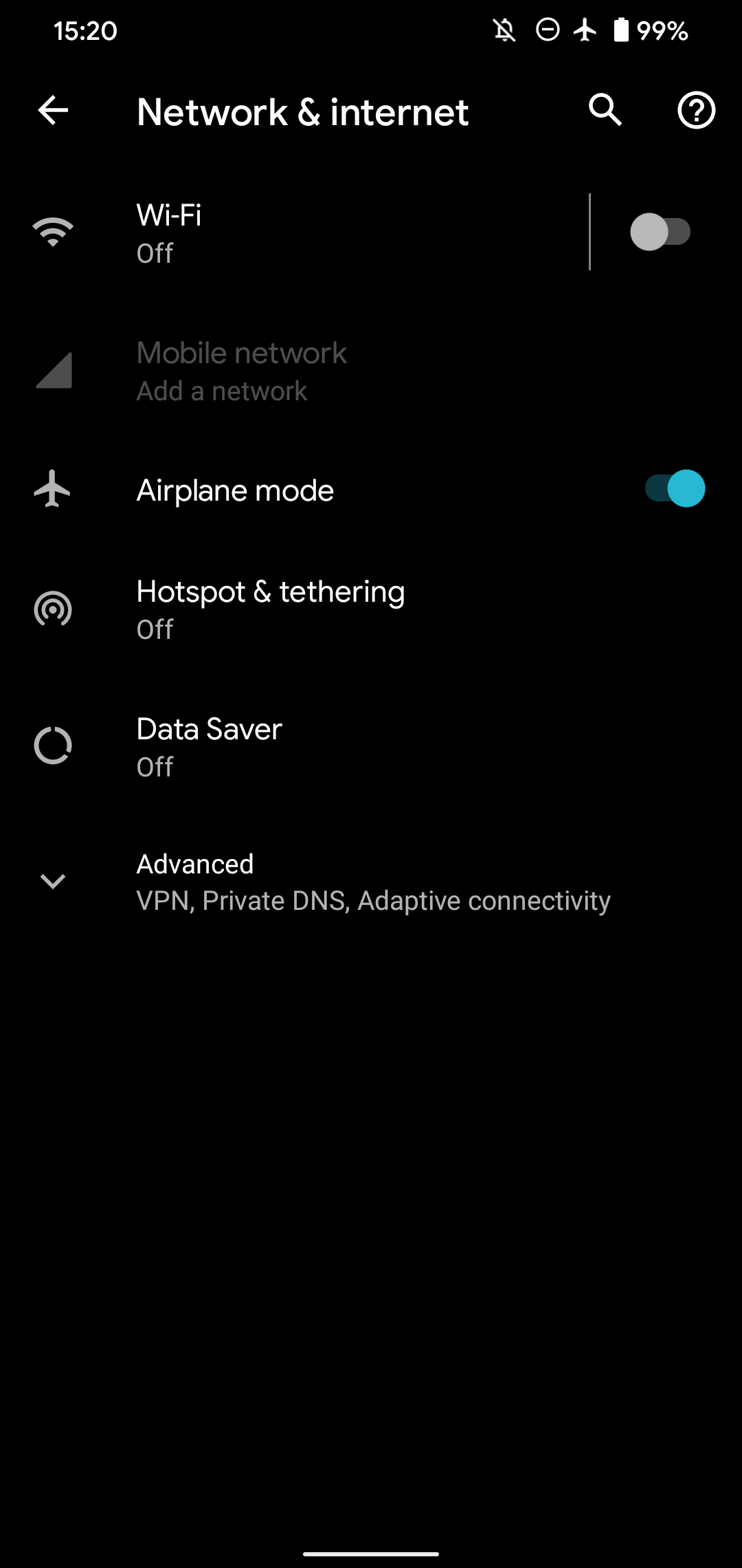 Android network settings Airplane mode