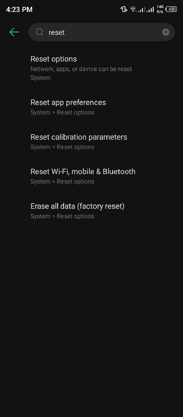Android settings results for reset