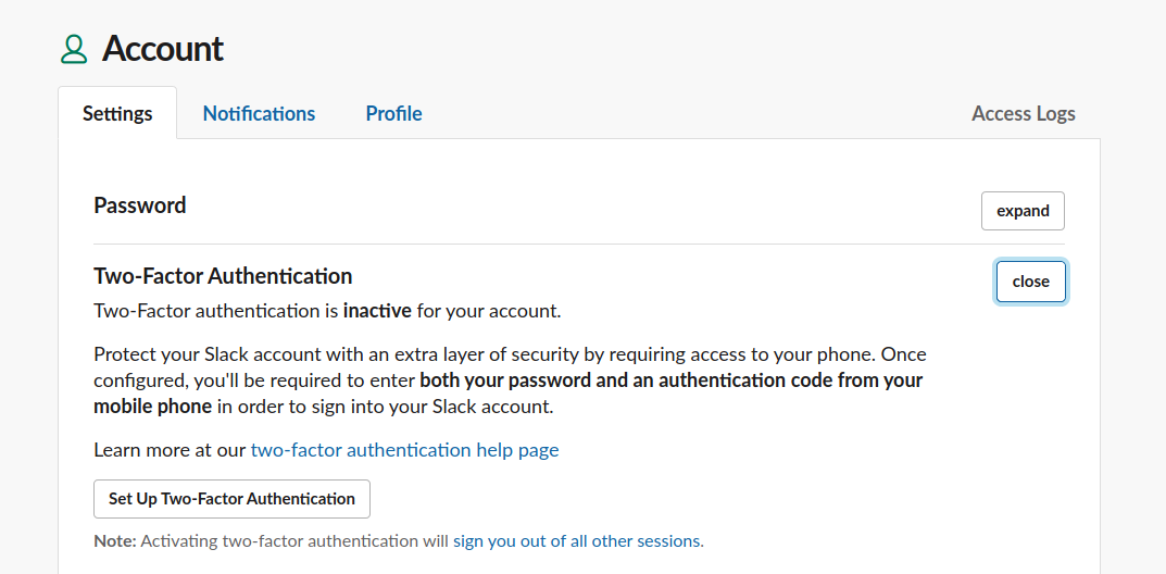 slack 2fa settings