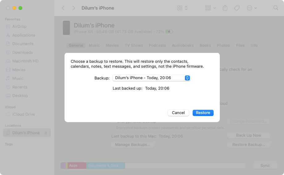 Pick a backup on the Mac to restore your iPhone.