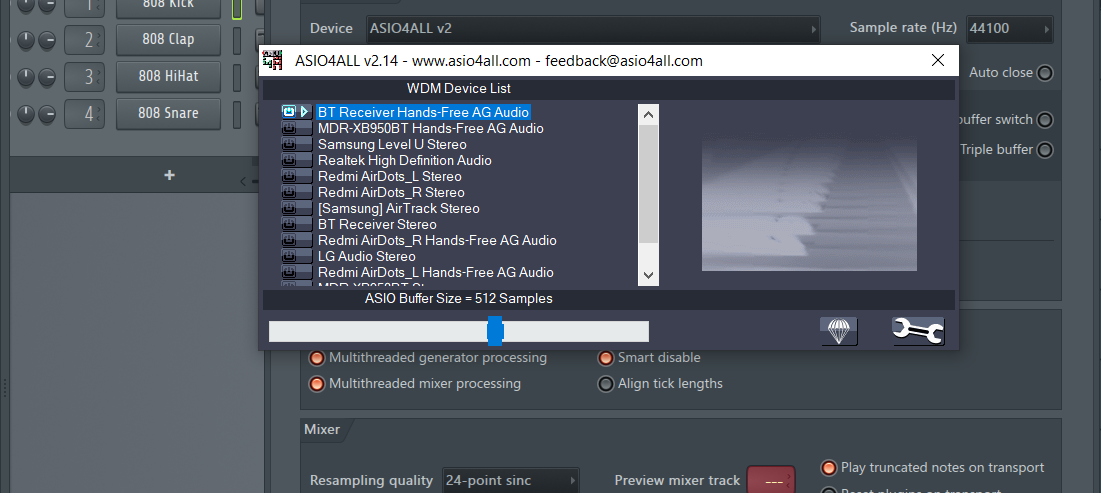 The ASIO4All interface accessed from FL studio.