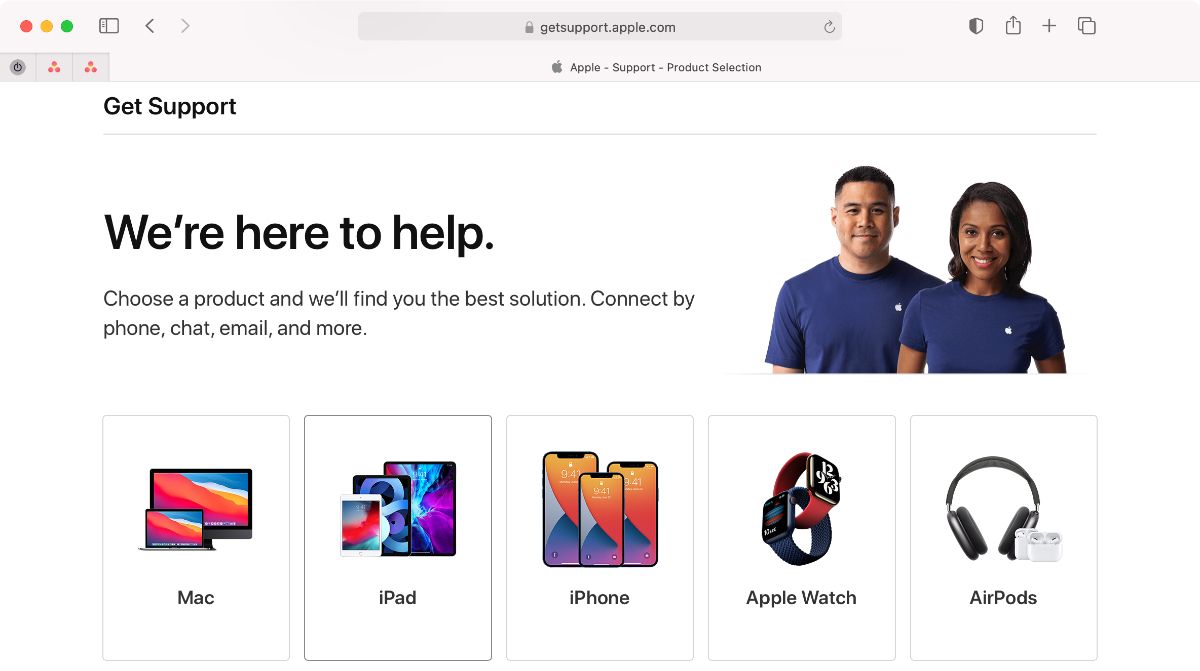 Apple Get Support website in Safari on Mac