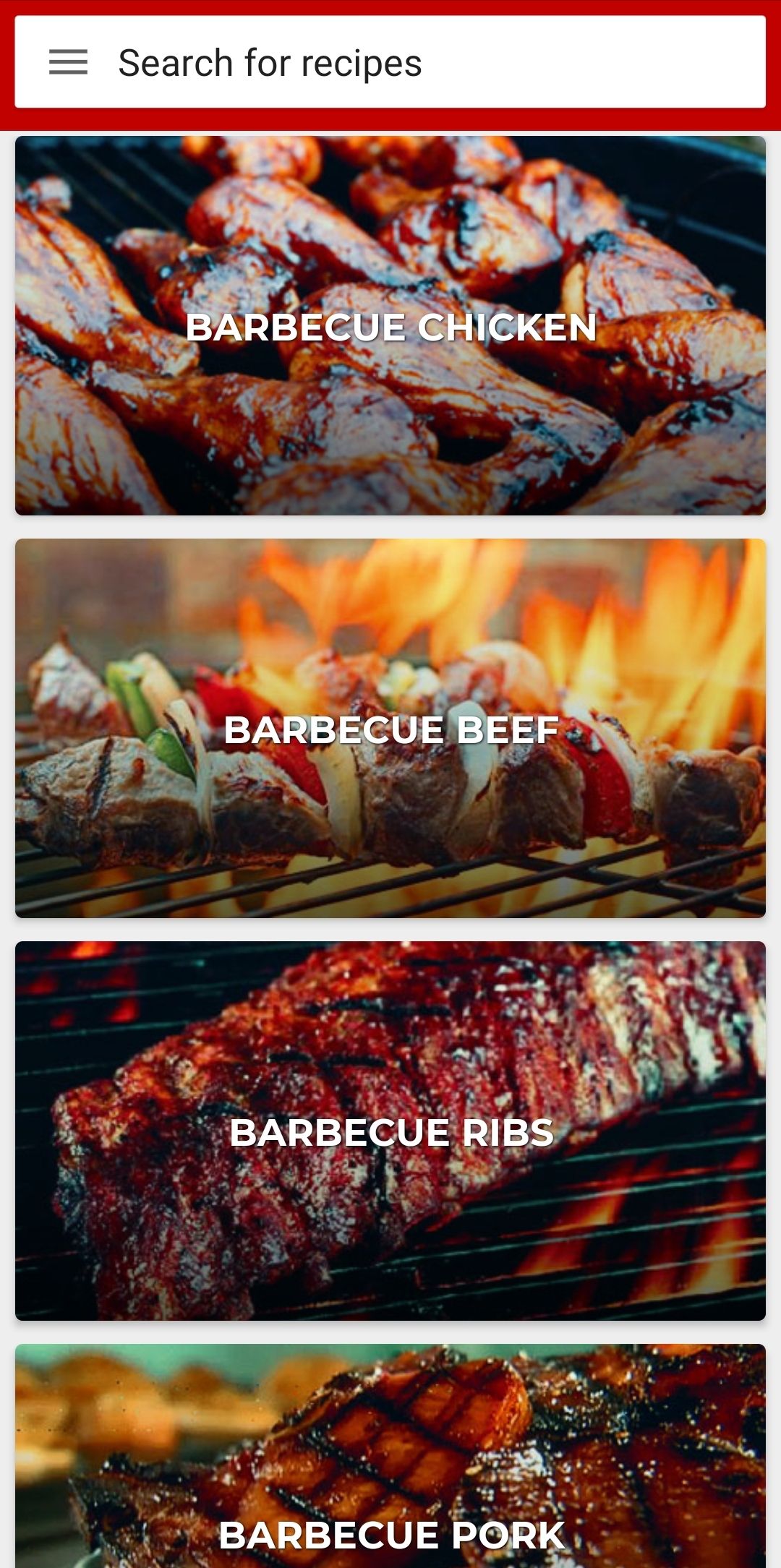 The main recipe browser in Barbecue Grill Recipes