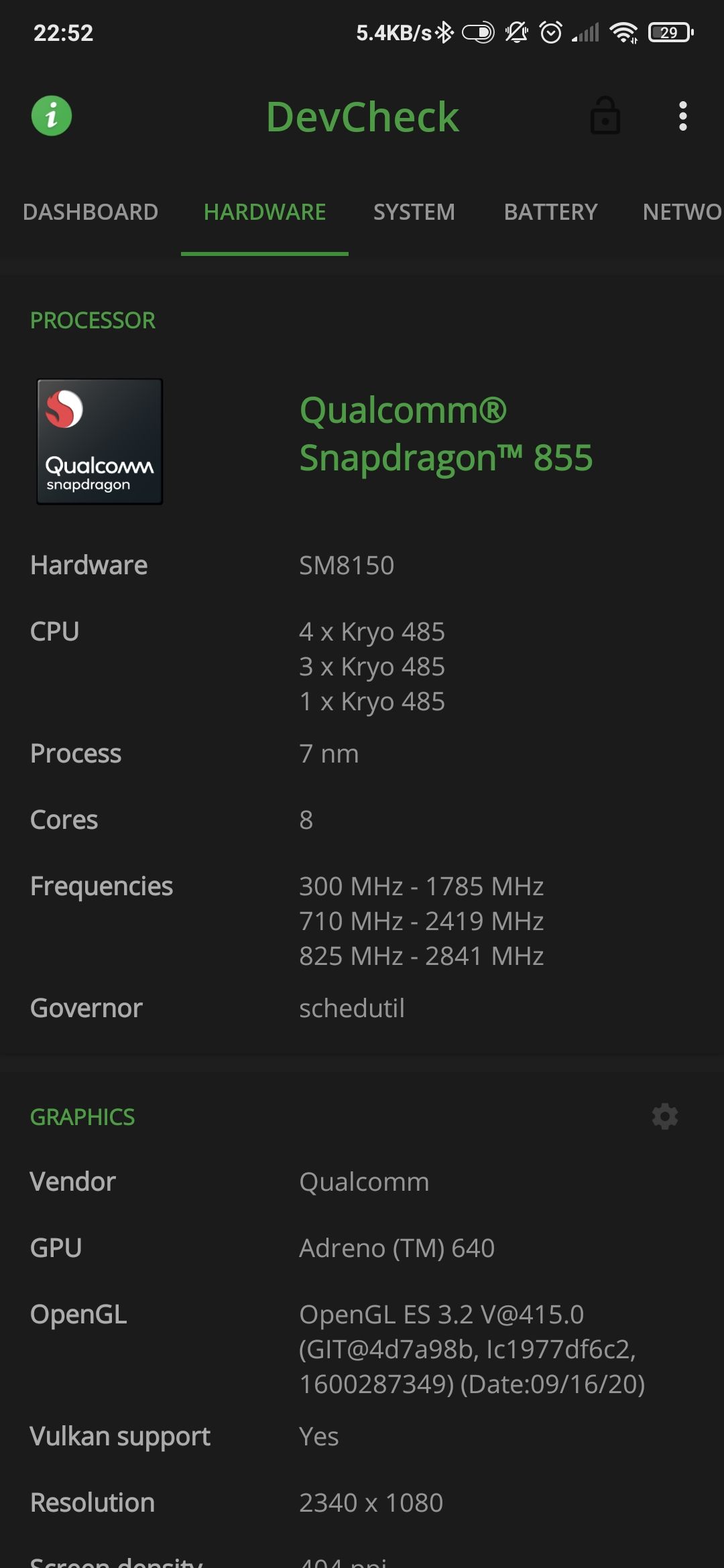 Android phone CPU specs by Devcheck