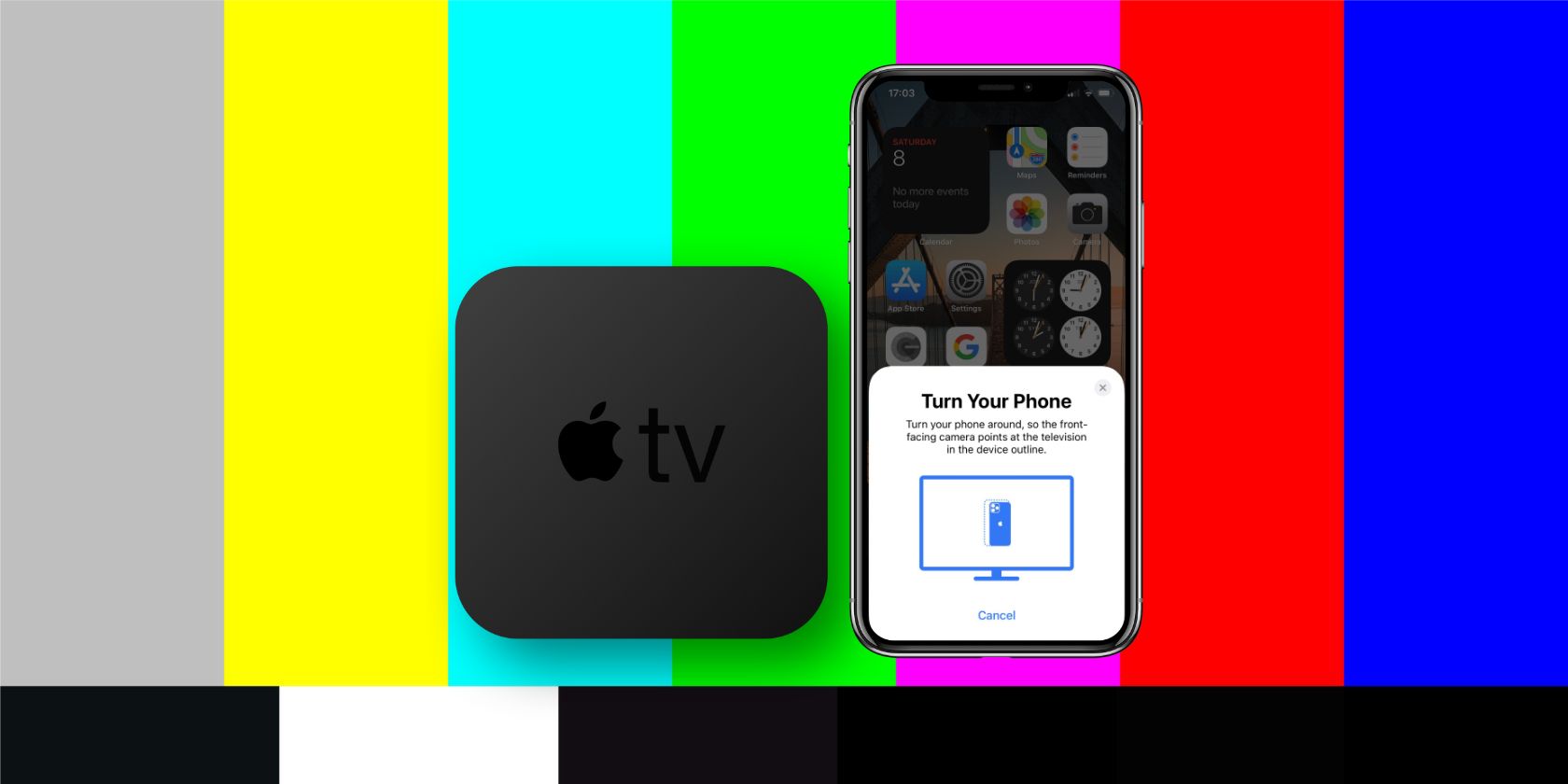 An Apple TV and iPhone during the calibration process in front of a traditional screen calibration background.