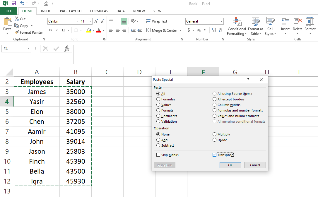 Checking Transpose - 3 modi per trasporre i dati orizzontalmente in Excel