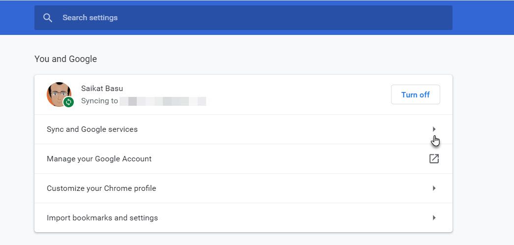 Sync and Google Services in Chrome Settings