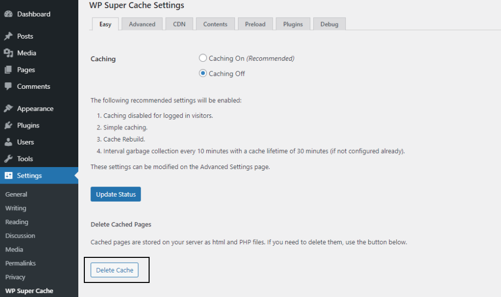 WordPress cache clearing with WP Super Cache