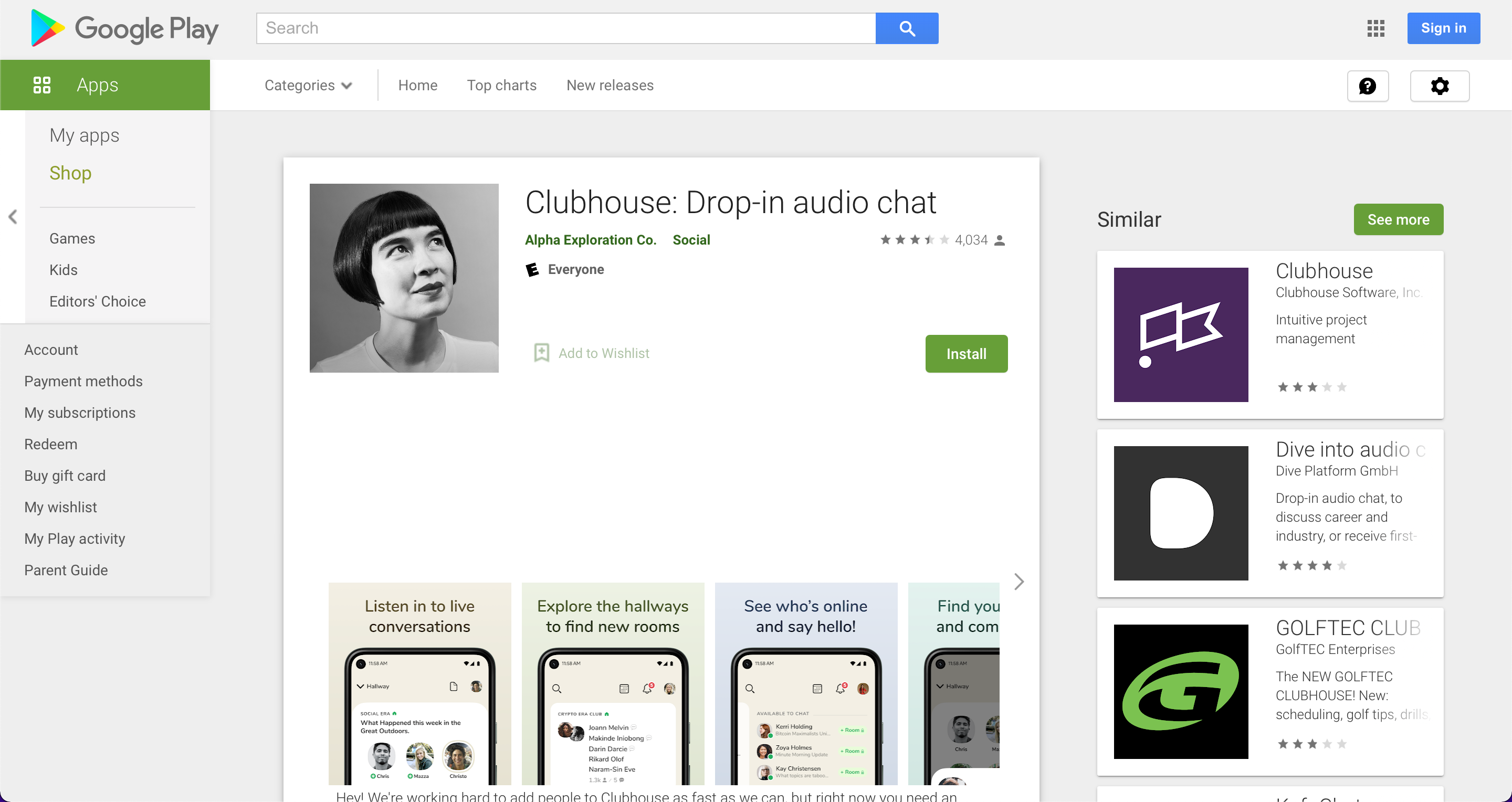 Screenshot of Clubhouse on the Play Store