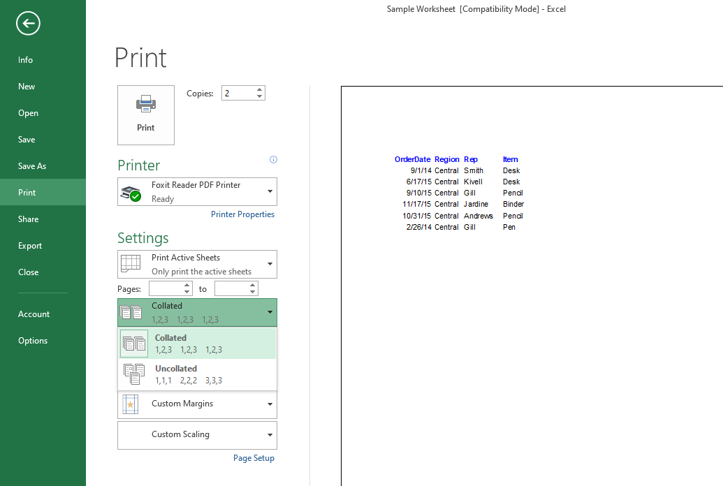 Collated and Uncollated Settings in Print Area of File Menu - Stampa di un foglio di calcolo Excel: tutto ciò che devi sapere
