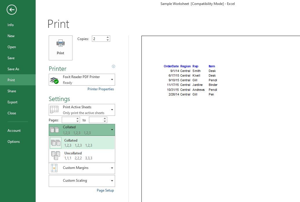 Collated and Uncollated Settings in Print Area of File Menu