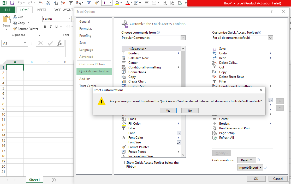 Confirmation Box For Resetting Quick Access Toolbar