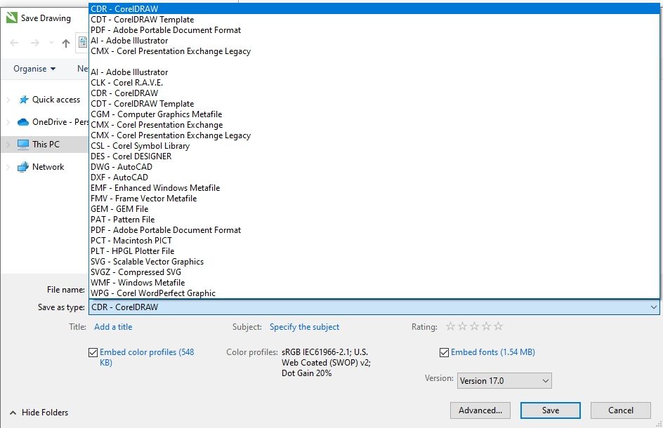 CorelDRAW different formats