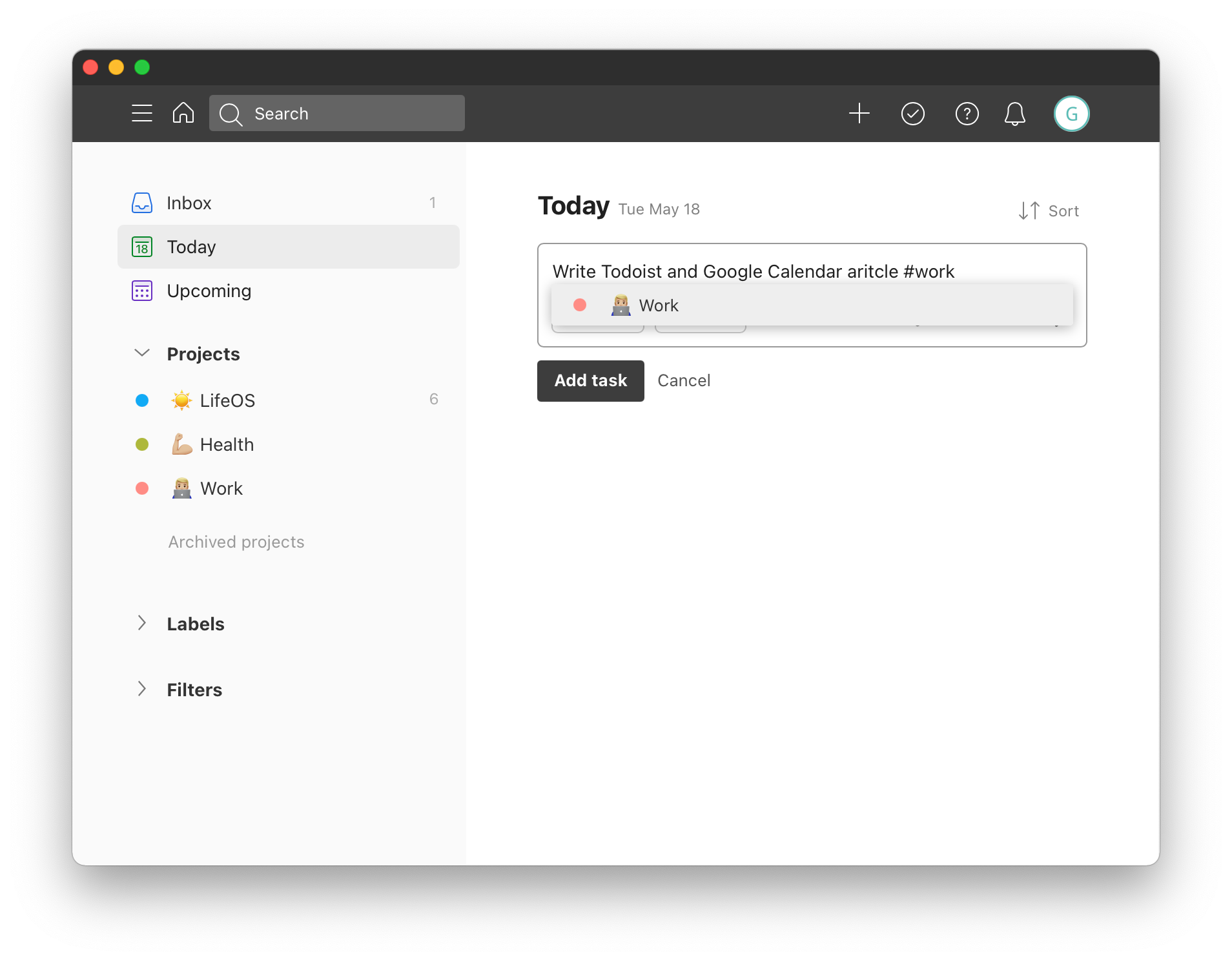 Creating a new task in Todoist with #work