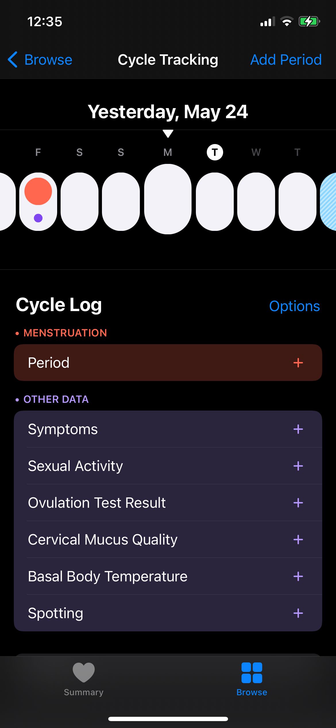 Cycle Tracker Colors, Solid Red and small purple dot