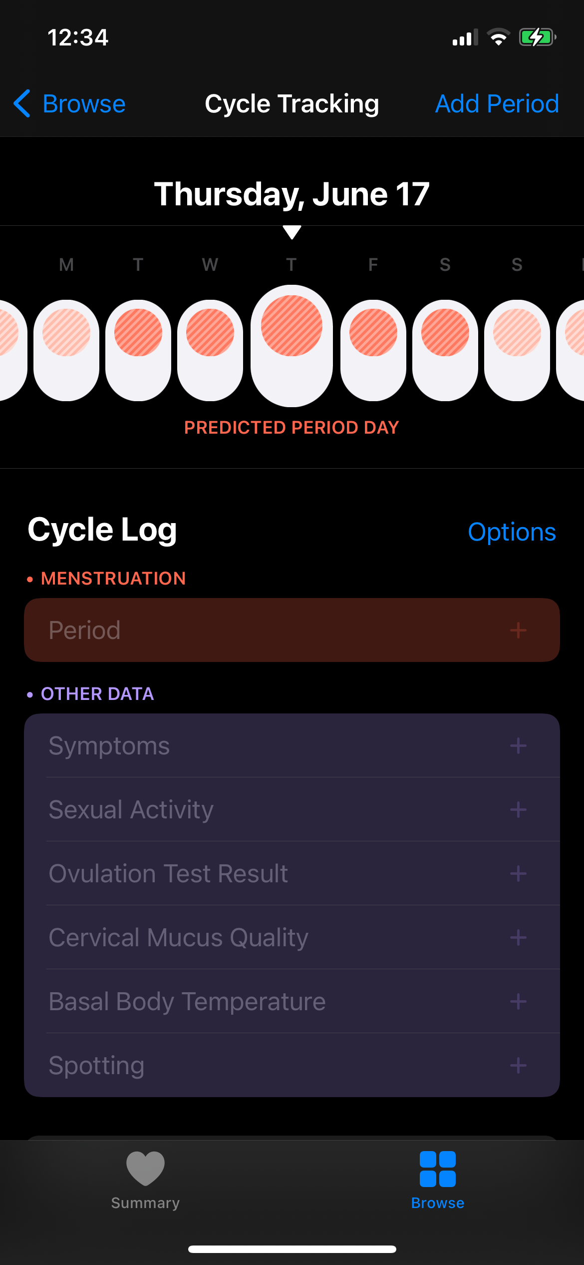 Cycle Log highlighting a predicted period day