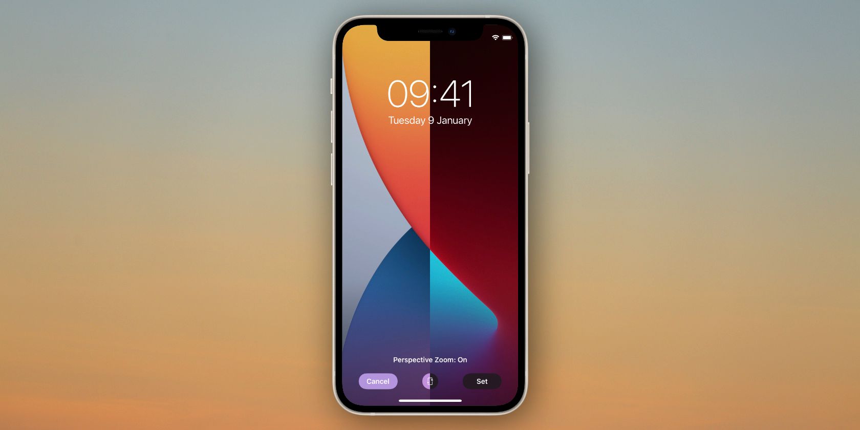 iPhone with Light and Dark Mode wallpaper over a sunset