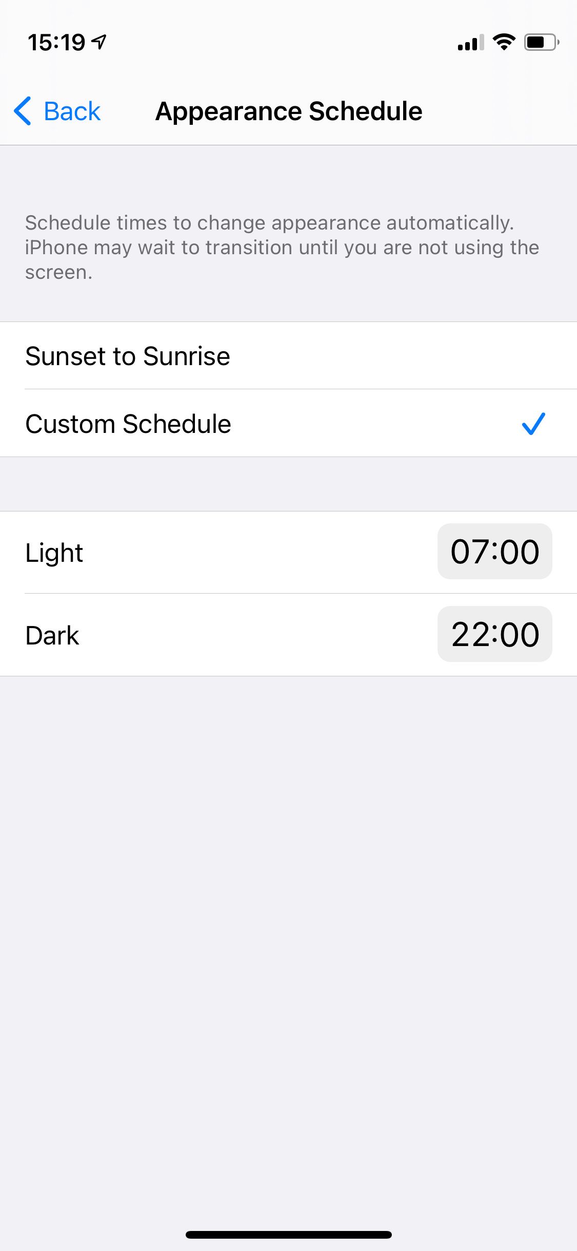 Dark Mode schedule settings on iPhone