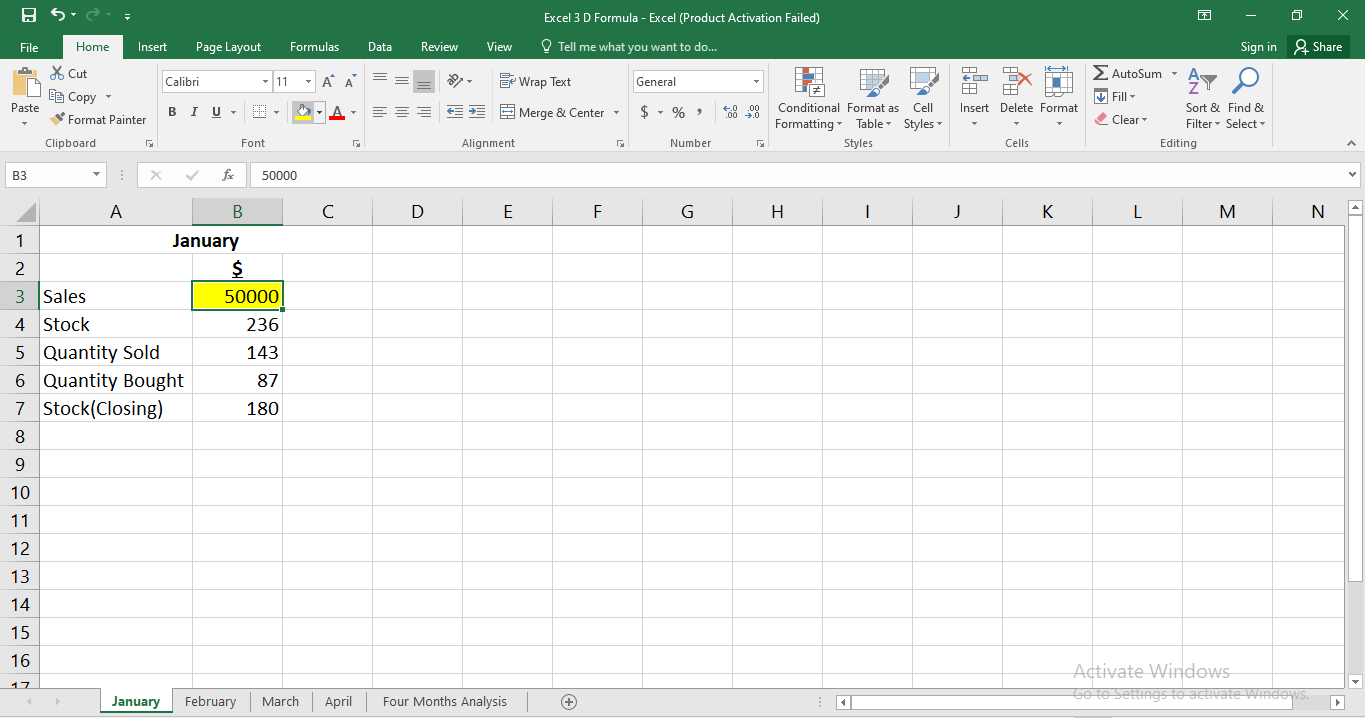 Data for the month of January - Come consolidare i dati da più fogli utilizzando riferimenti 3D in Excel