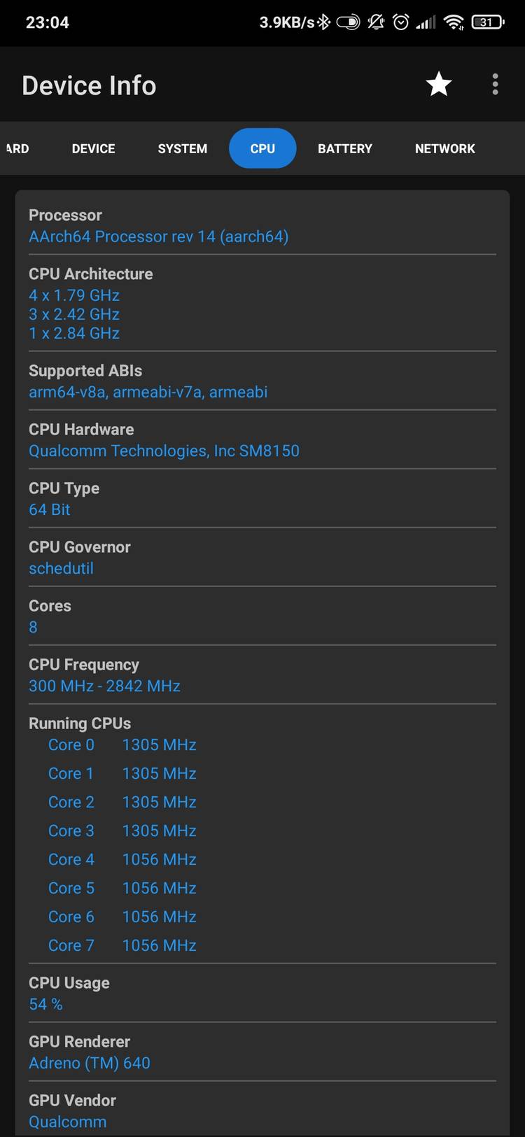 Android phone CPU specs by Device Info