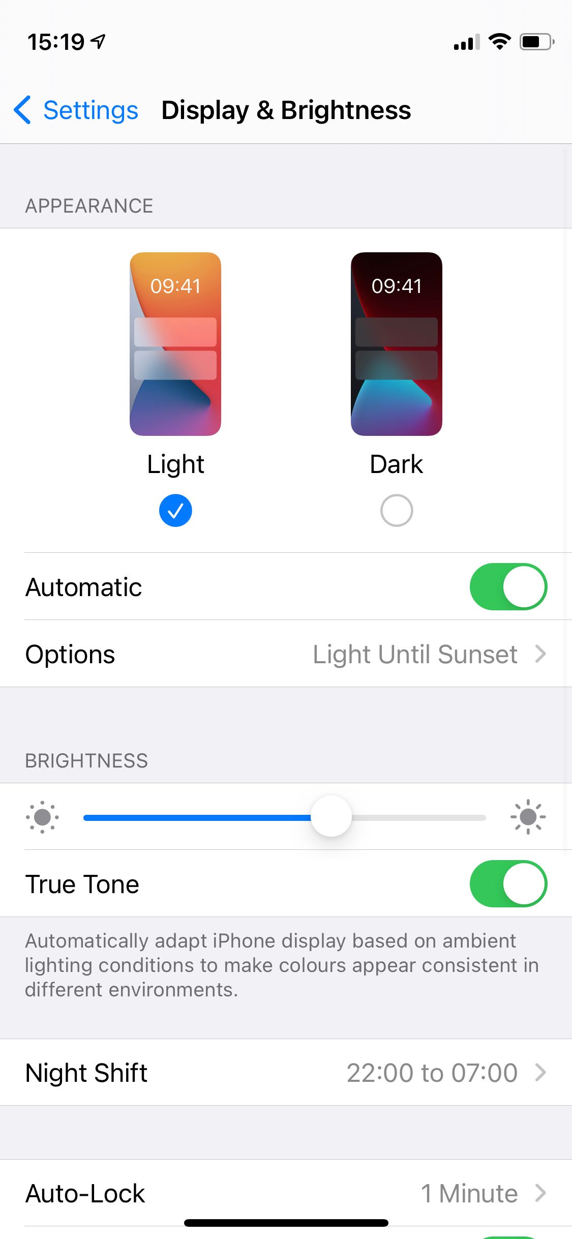 Display & Brightness settings for iPhone