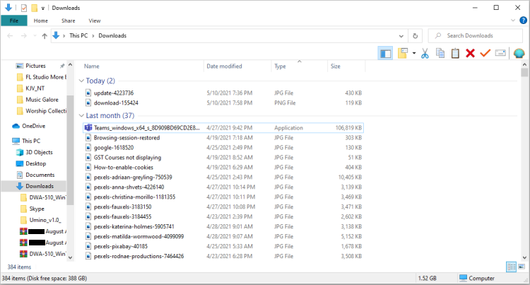 Downloads folder in Windows Explorer