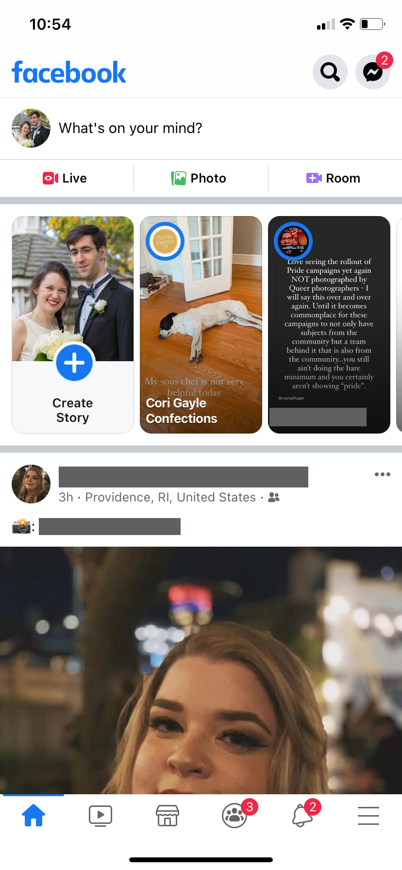 The opening view of the Facebook app on an iPhone