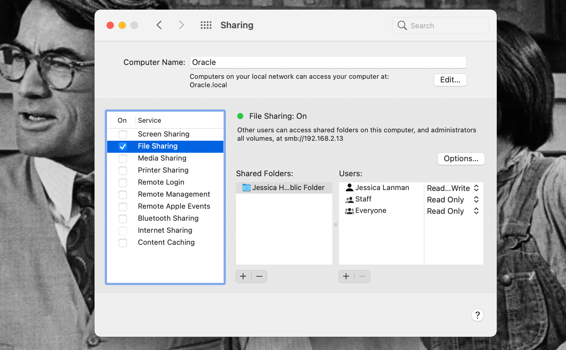 File Sharing settings in System Preferences on a MacBook Pro