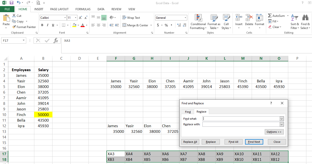 Find and Replace Dialogue - 3 modi per trasporre i dati orizzontalmente in Excel
