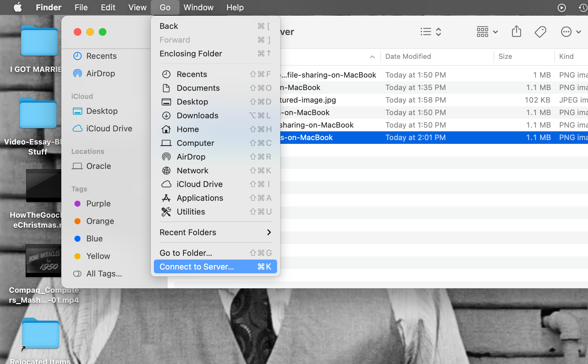 The Go drop down menu open in front of a Finder window. Locations is visible in the menu on the left of the Finder window