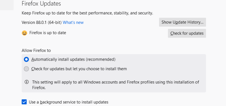 Firefox Updates settings