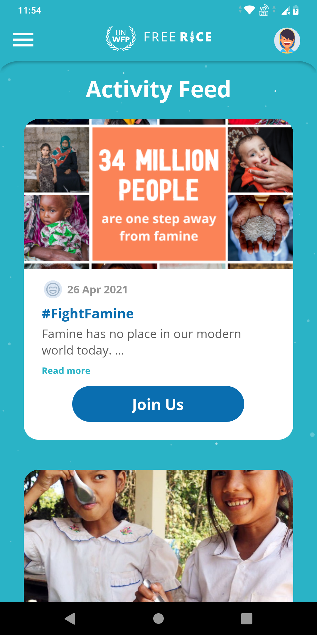 Freerice app charity activity feed