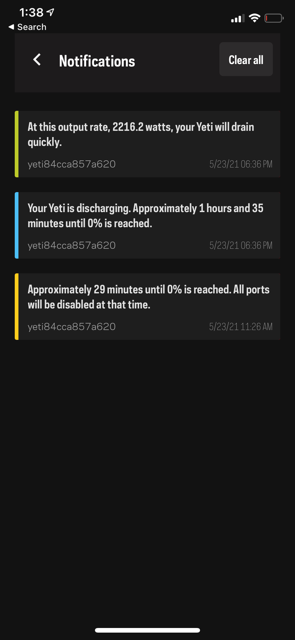 Goal Zero app notifications screen