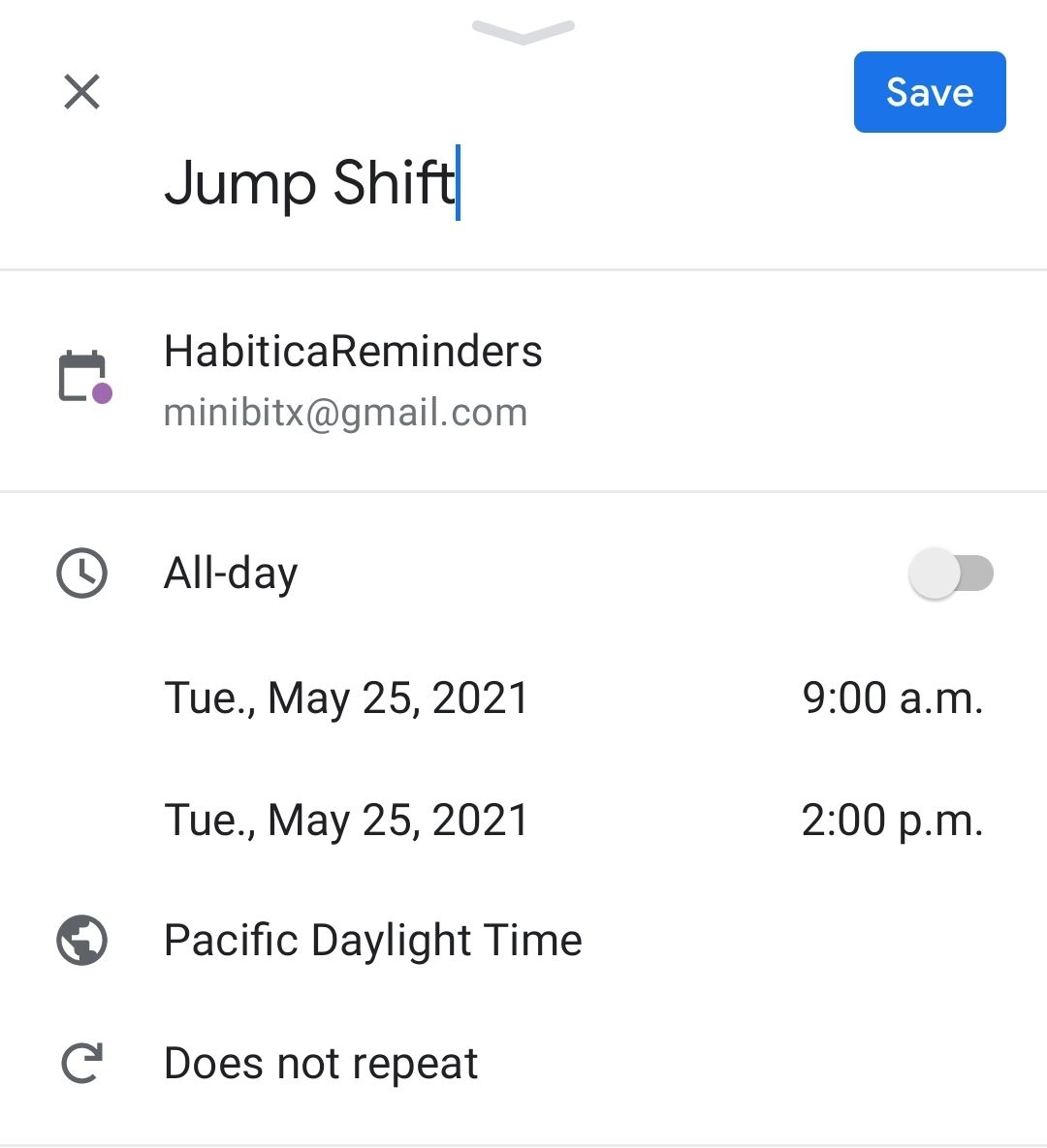 Add Event screen in the Google Calendar mobile app
