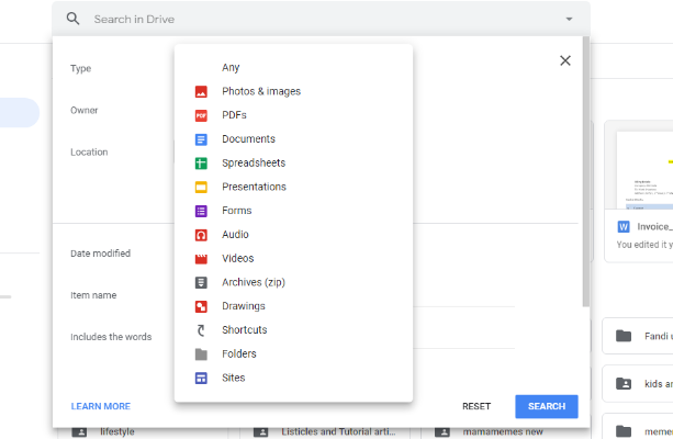 Google Drive search options.